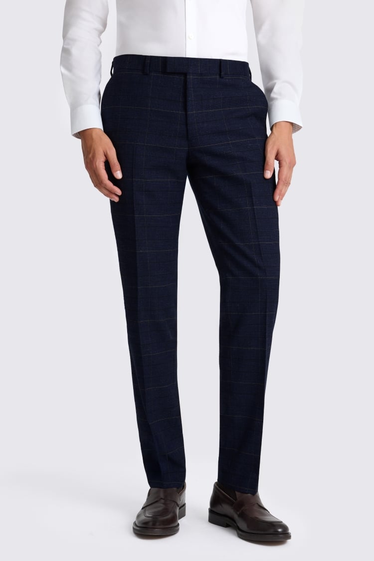 Navy Black Slim Fit Check Trousers