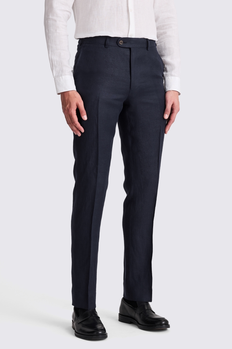 Navy Italian Tailored Fit Twill Linen Trousers