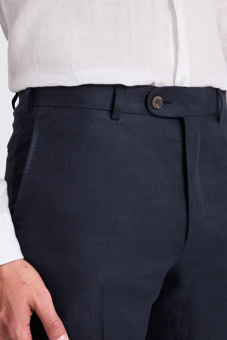 Navy Italian Tailored Fit Twill Linen Trousers - Image 3