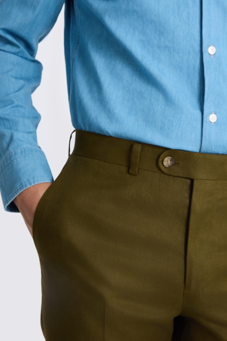 Olive Tailored Fit Twill Linen Trouser - Image 3