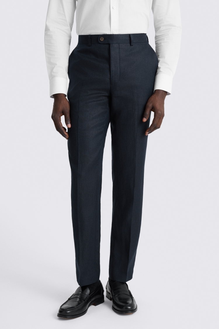 Navy Slim Fit Twill Linen Trousers