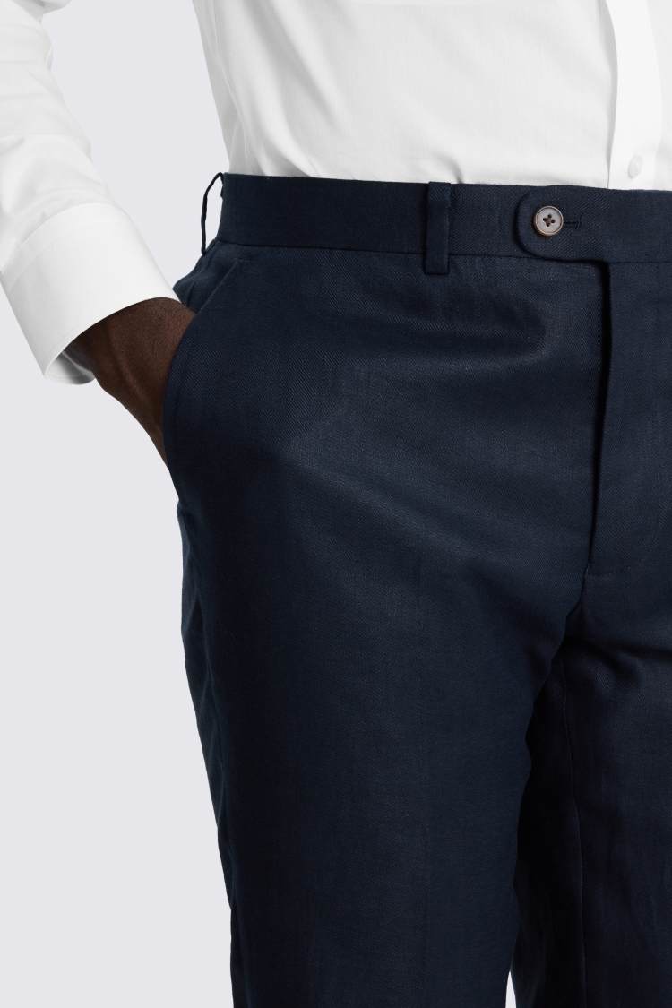 Navy Slim Fit Twill Linen Trousers - Image 3