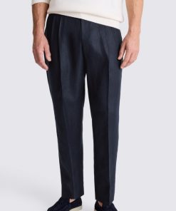 Navy Linen Pleated Trousers