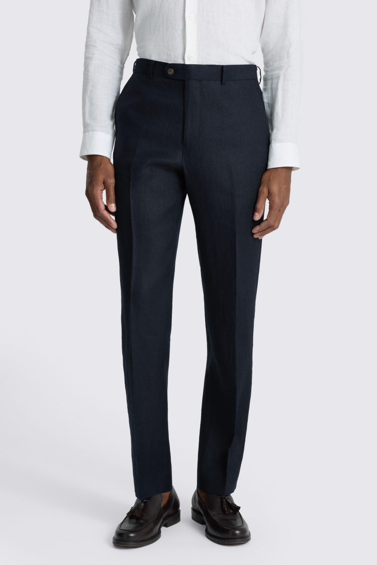 Navy Regular Fit Twill Linen Trousers