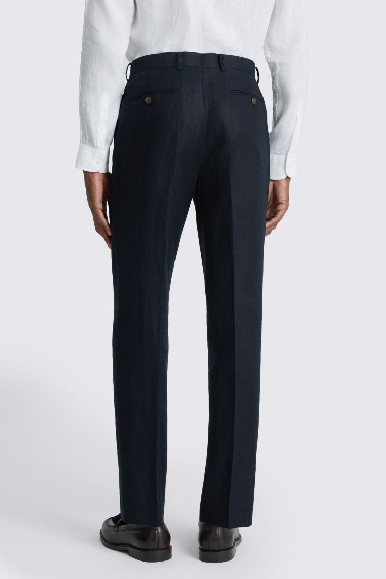 Navy Regular Fit Twill Linen Trousers - Image 2