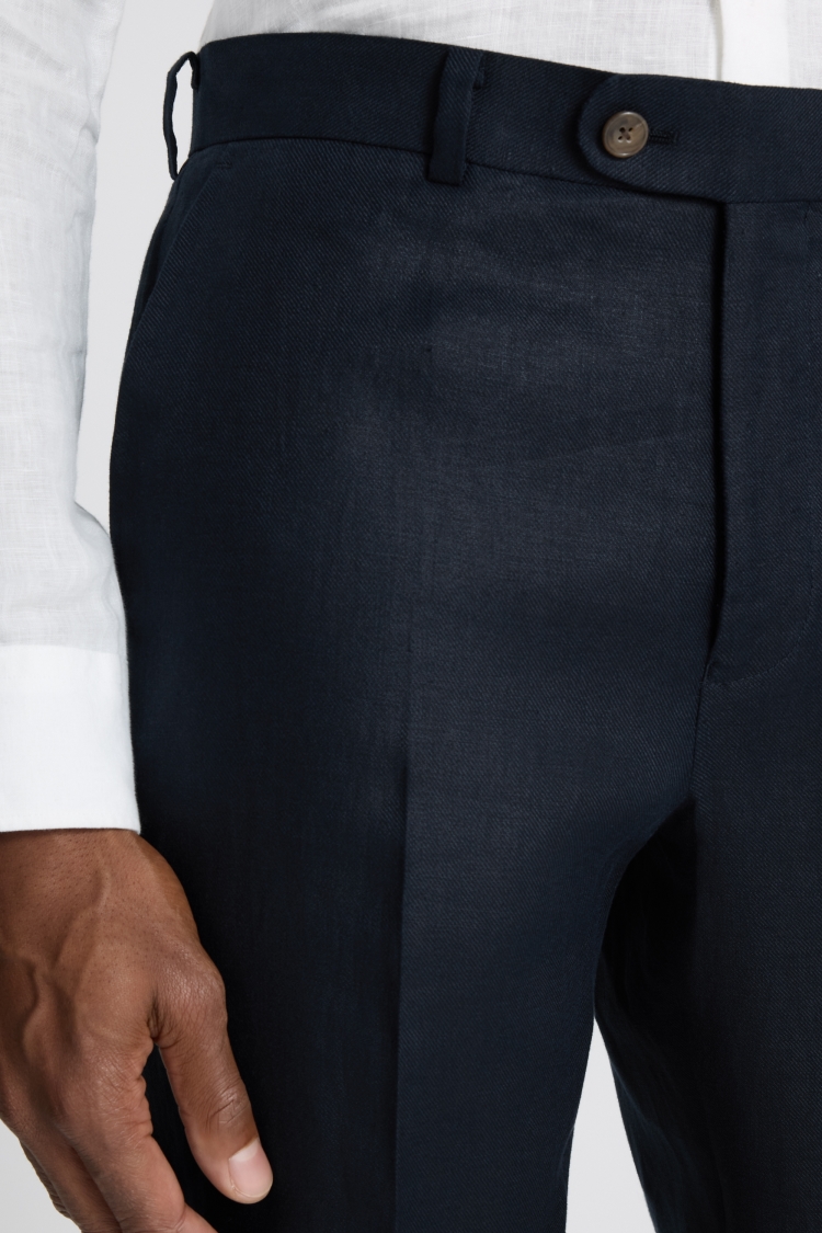 Navy Regular Fit Twill Linen Trousers - Image 3